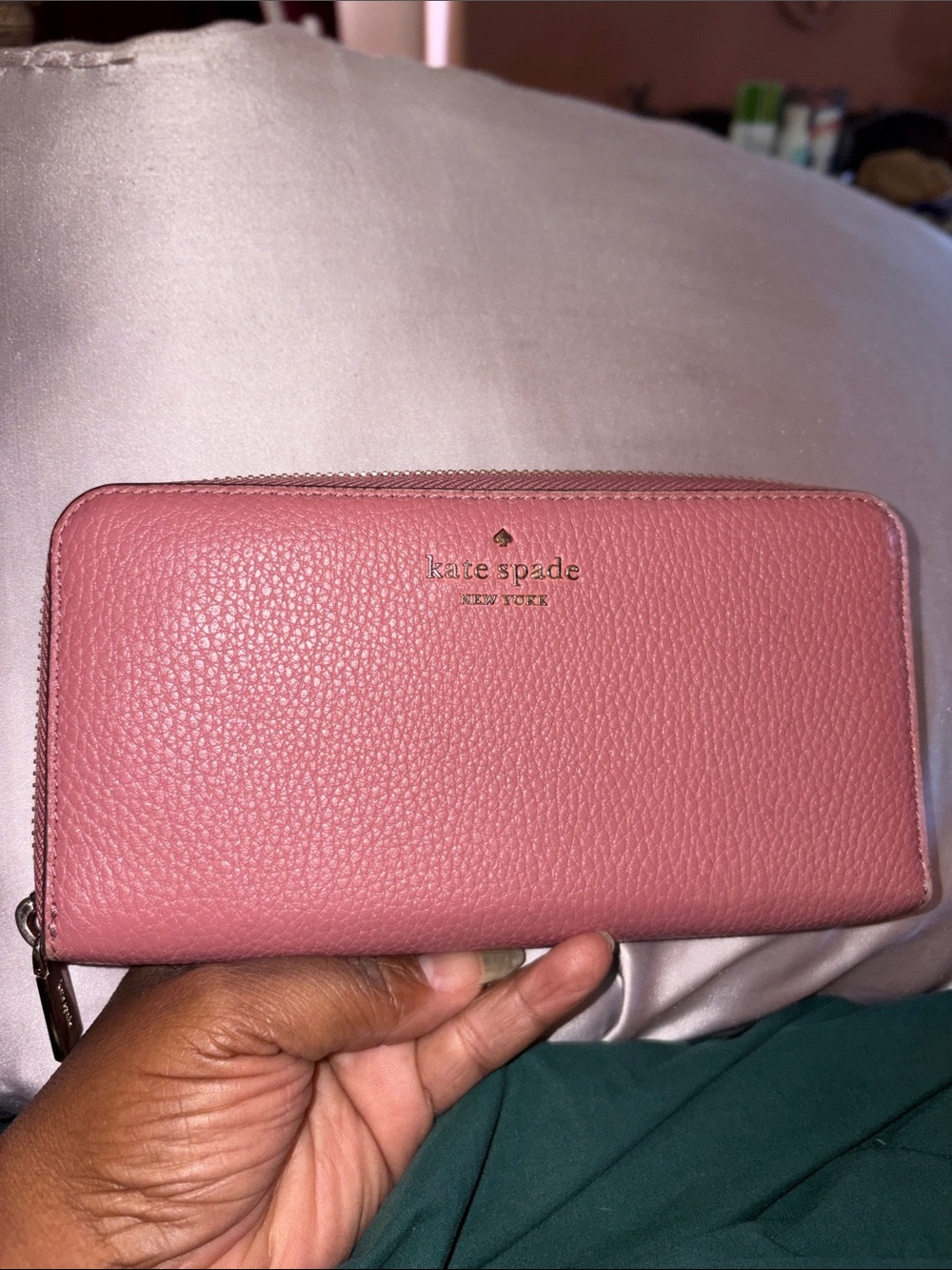 kate spade Pink Pebbled Leather Zip Wallet with Gold Logo